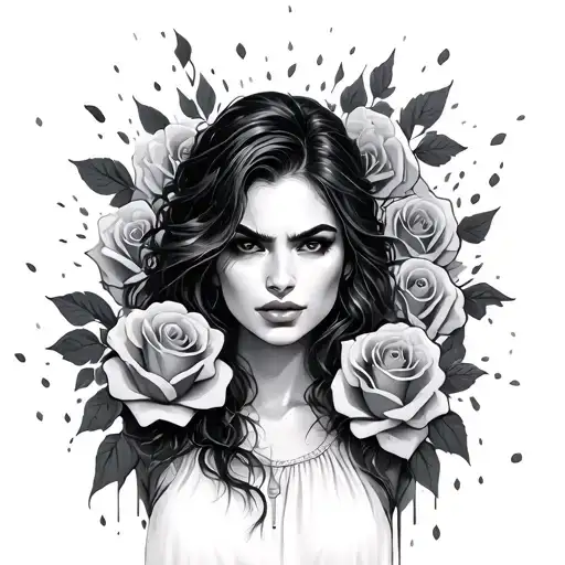 beautiful woman standing happy and angry at the same time rainstorm roses tattoo design idea