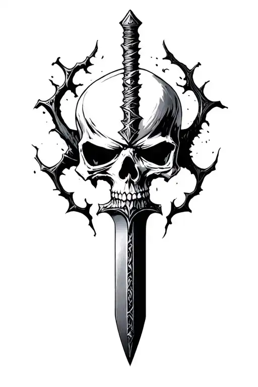 serrated blade, skull head, massacre, sejmitar, darkest dungeon tattoo design idea