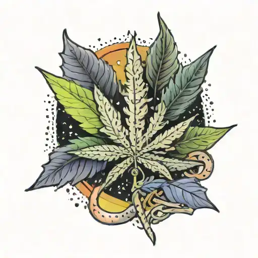 A tattoo design of a cannabis leaf intertwined with a rainbow ribbon and a Christian fish symbol, representing the client's interests in smoking weed, LGBTQ rights, and Christianity tattoo design idea