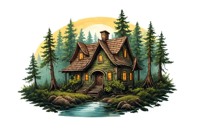 3D tattoo of a house in the forest tattoo design idea