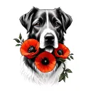 A detailed black and grey tattoo of a veteran's dog with a poppy flower in its mouth, representing loyalty and remembrance tattoo design idea