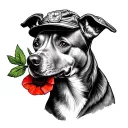 A detailed black and grey tattoo of a veteran's dog with a poppy flower in its mouth, representing loyalty and remembrance tattoo design idea