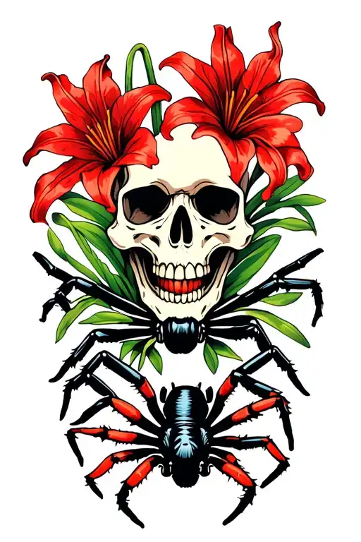 skull with black widow spider crawling arcoss it with red spider lilys tattoo design idea