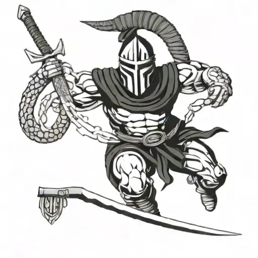 spartan warrior with snake wrapped around  sword  tattoo design idea