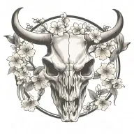 realistic longhorn skull with cherry blossoms tattoo design idea