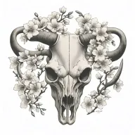 realistic longhorn skull with cherry blossoms tattoo design idea