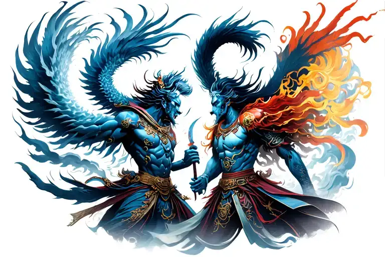 Japanese Wind God vs Japanese Thunder God Mechanical Version Full body tattoo design idea