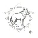 Imagine a minimalist tattoo on the forearm where a majestic wolf occupies the center of the composition, representing strength and wisdom. Around the wolf, seven intricately designed symbols represent the seven hermetic principles, creating a circle around the animal. tattoo design idea