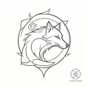 Imagine a minimalist tattoo on the forearm where a majestic wolf occupies the center of the composition, representing strength and wisdom. Around the wolf, seven intricately designed symbols represent the seven hermetic principles, creating a circle around the animal. tattoo design idea