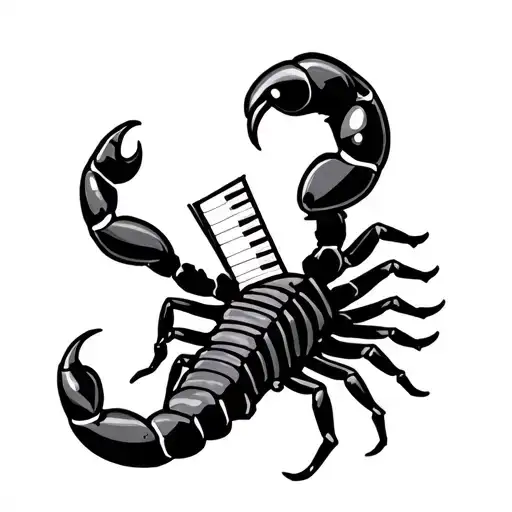 a cartoon friendly looking scorpion playing the piano whilst smiling  tattoo design idea