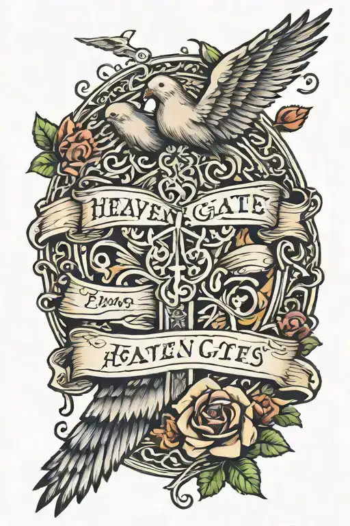 heaven's gates doves cross bible verse Psalm 23:4 surrounding tattoo design idea
