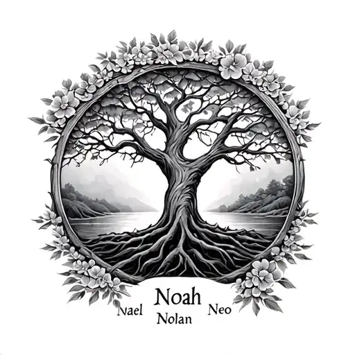 Tree of life with first name Noah nael Noelan Neo Izzie tattoo design idea
