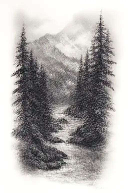 Blue Ridge Mountain sleeve tattoo design combining river and forest tattoo design idea