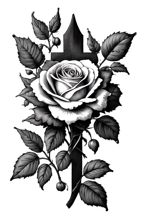 small dainty cross with a prim rose and leaves growing tattoo design idea