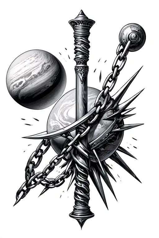 flail spiked planet chain handle tattoo design idea