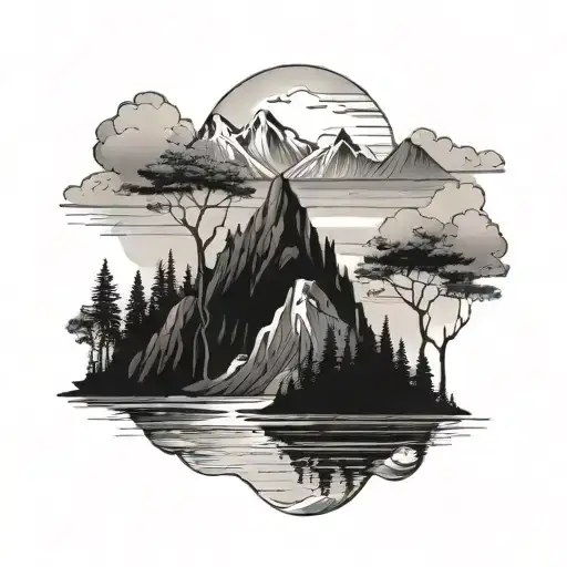 long calf tattoo mountains trees ocean  tattoo design idea