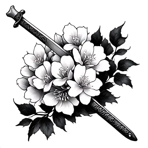 cherry blossoms with samurai sword  tattoo design idea