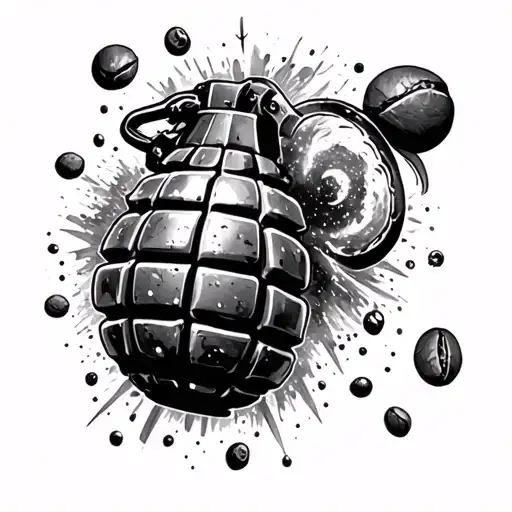 A military-inspired tattoo featuring a coffee bean grenade exploding into a galaxy, combining the client's occupation and favorite things tattoo design idea