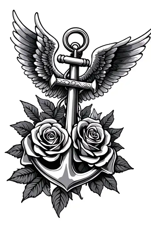 Anchor angel wings roses tattoo design idea