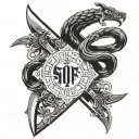 SOTF tattoo, meaning survival of the fittest. It must contain SOTF word and a medieval weapon. tattoo design idea