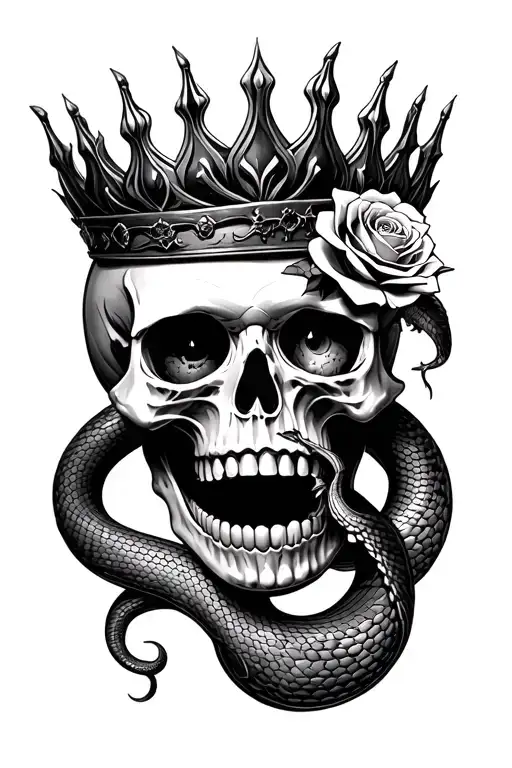 skull wearing thorned crown, has rose in between teeth, snake coming out of eye socket tattoo design idea
