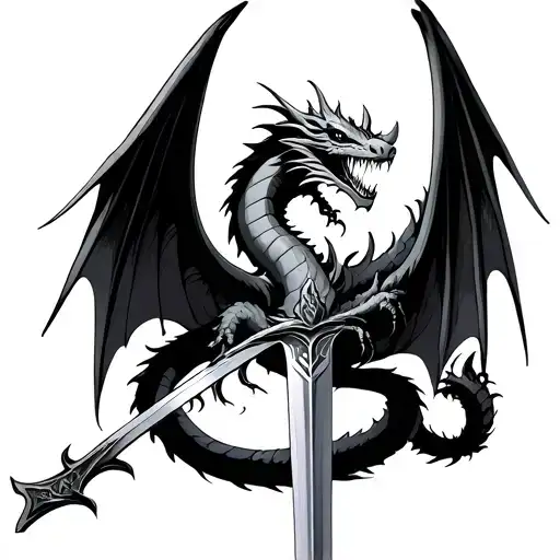 Dragon Wrapped Around Sword with wings out tattoo design idea