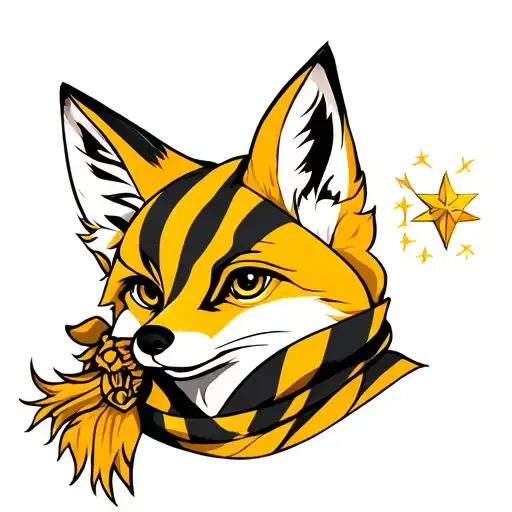 Fox with striped yellow and black scarf and virgo starsign tattoo design idea