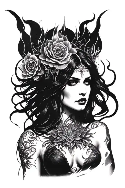 dark goddess Lilith with power surrounding her direct stare tattoo design idea