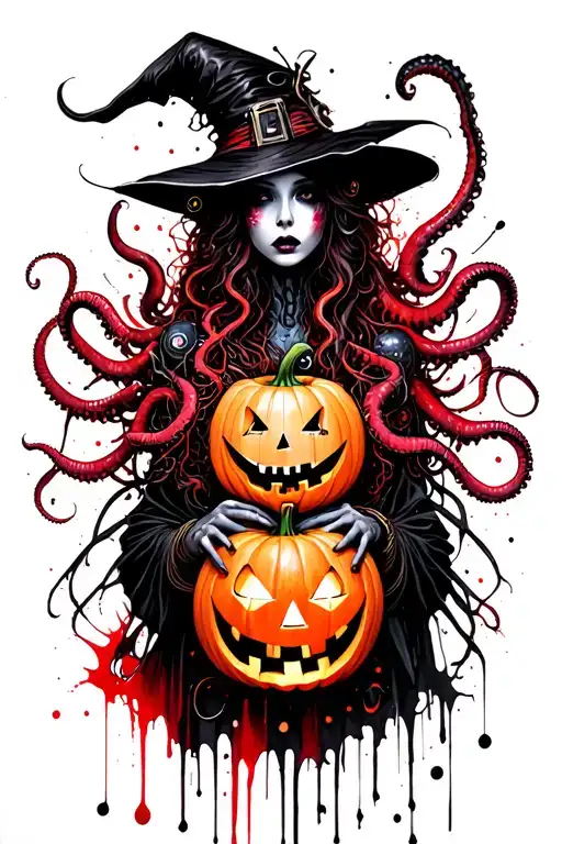 cyber witch holding jack-o'-lantern, tentacles, space, eldritch tattoo design idea