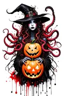 cyber witch holding jack-o'-lantern, tentacles, space, eldritch tattoo design idea