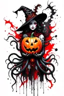 cyber witch holding jack-o'-lantern, tentacles, space, eldritch tattoo design idea