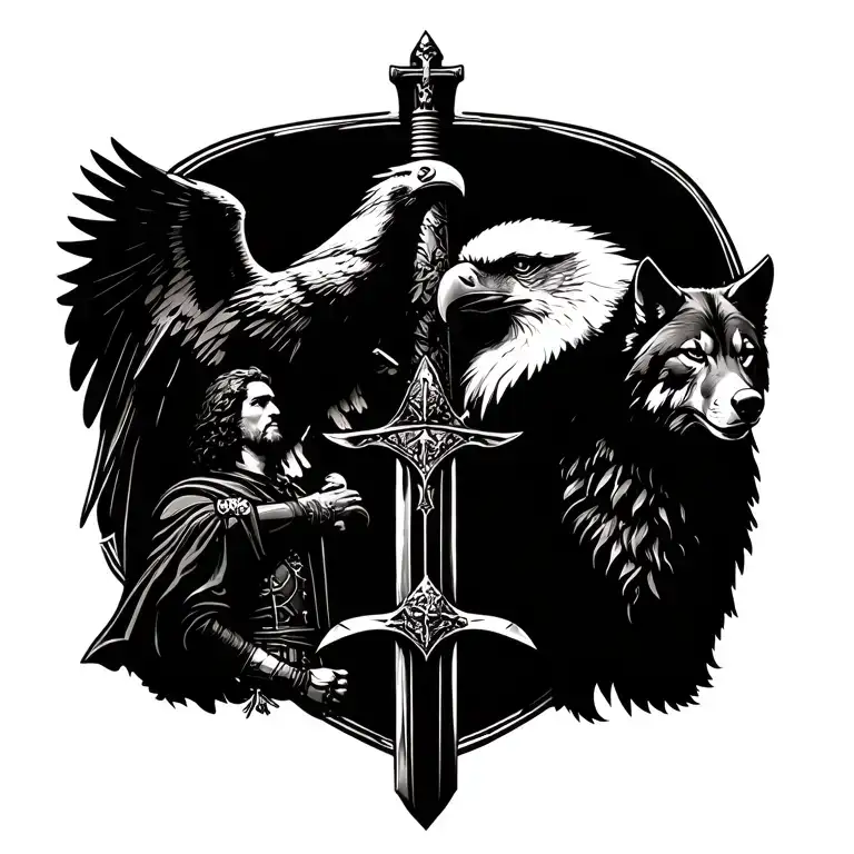 an eagle on a sword with a Christian soldier on the left and wolf on the right full back tattoo black ink tattoo design idea