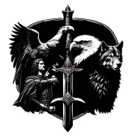 an eagle on a sword with a Christian soldier on the left and wolf on the right full back tattoo black ink tattoo design idea
