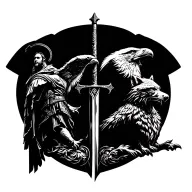 an eagle on a sword with a Christian soldier on the left and wolf on the right full back tattoo black ink tattoo design idea