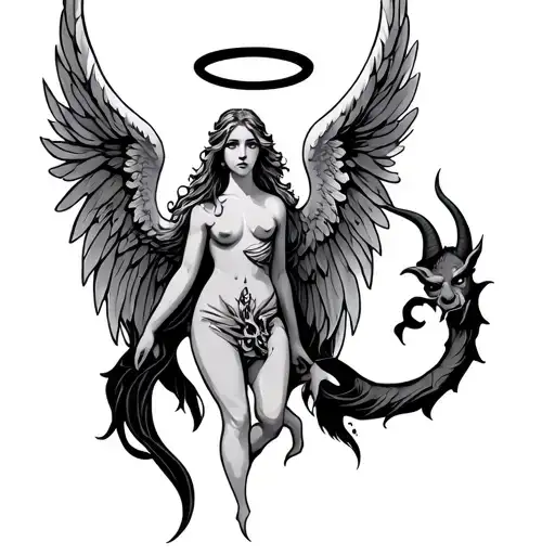 Angel name tattoo with halo and devil tail tattoo design idea