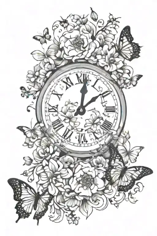 broken clock with flowers and butterflies with 999 tattoo design idea
