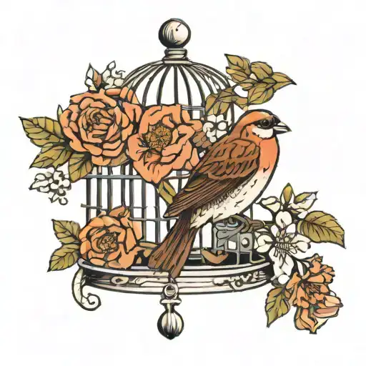 sparrow in a bird cage with wild flowers growing tattoo design idea