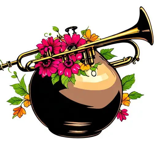 salsa tattoo where there is a trumpet and come out miosotis flowers from its bell, in the center a Conga like a pot tattoo design idea