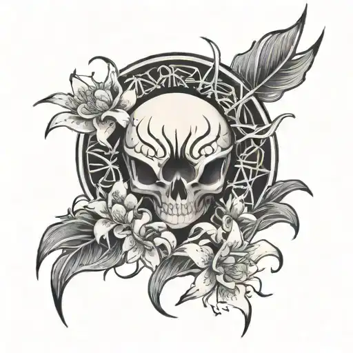 spiderlily  moon and Japanese letters love and death tattoo design idea