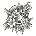 spiderlily  moon and Japanese letters love and death tattoo design idea