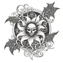 spiderlily  moon and Japanese letters love and death tattoo design idea
