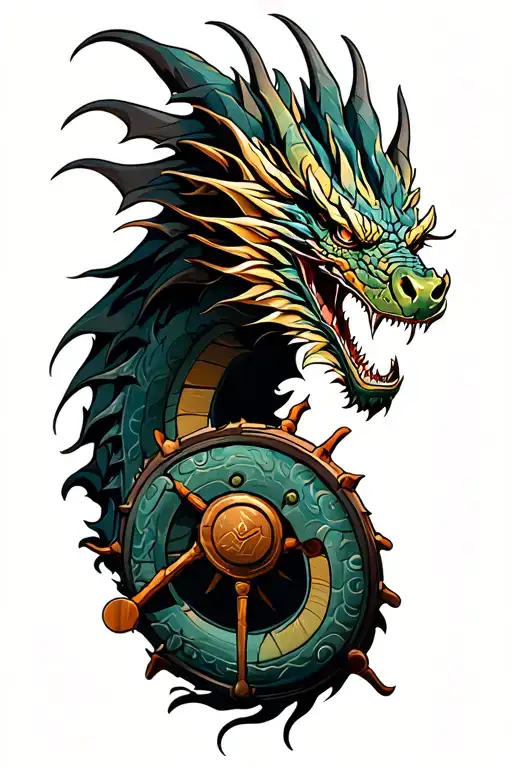 dragon ship wheel tattoo design idea