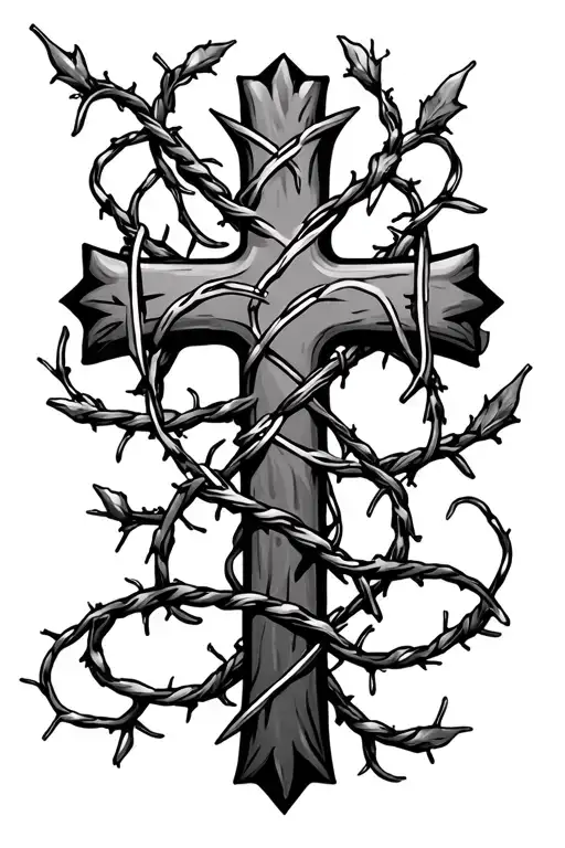 cross with vine and barb wire wrapped tattoo design idea