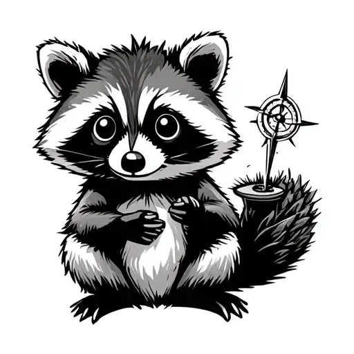 cute racoon sitting holding a compass tattoo design idea