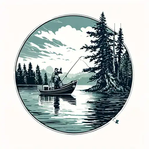 Linework with topographic contour lines and fishing and lake and boat and beer tattoo design idea