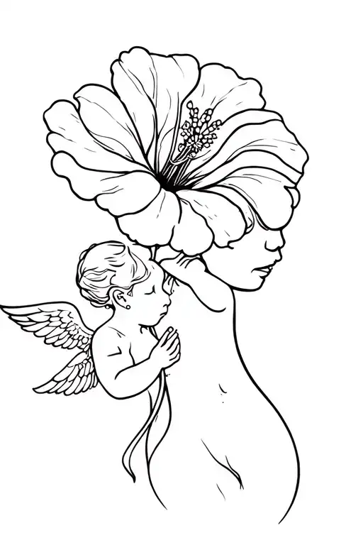 Fine line tattoo of flower hibiscus flower with baby angels feminine back  tattoo design idea
