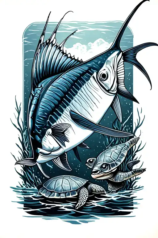 sailfish eating bait fish with turtles tattoo design idea