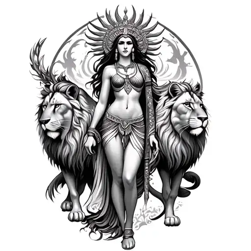 Goddess Ishtar full body with lions tattoo design idea