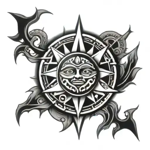 thorn branch circle with an aztec sun inside tattoo design idea