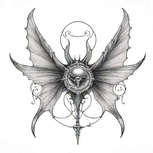 seraphim, 6 large bat wings, demon eye in the centre, gothic tattoo design idea